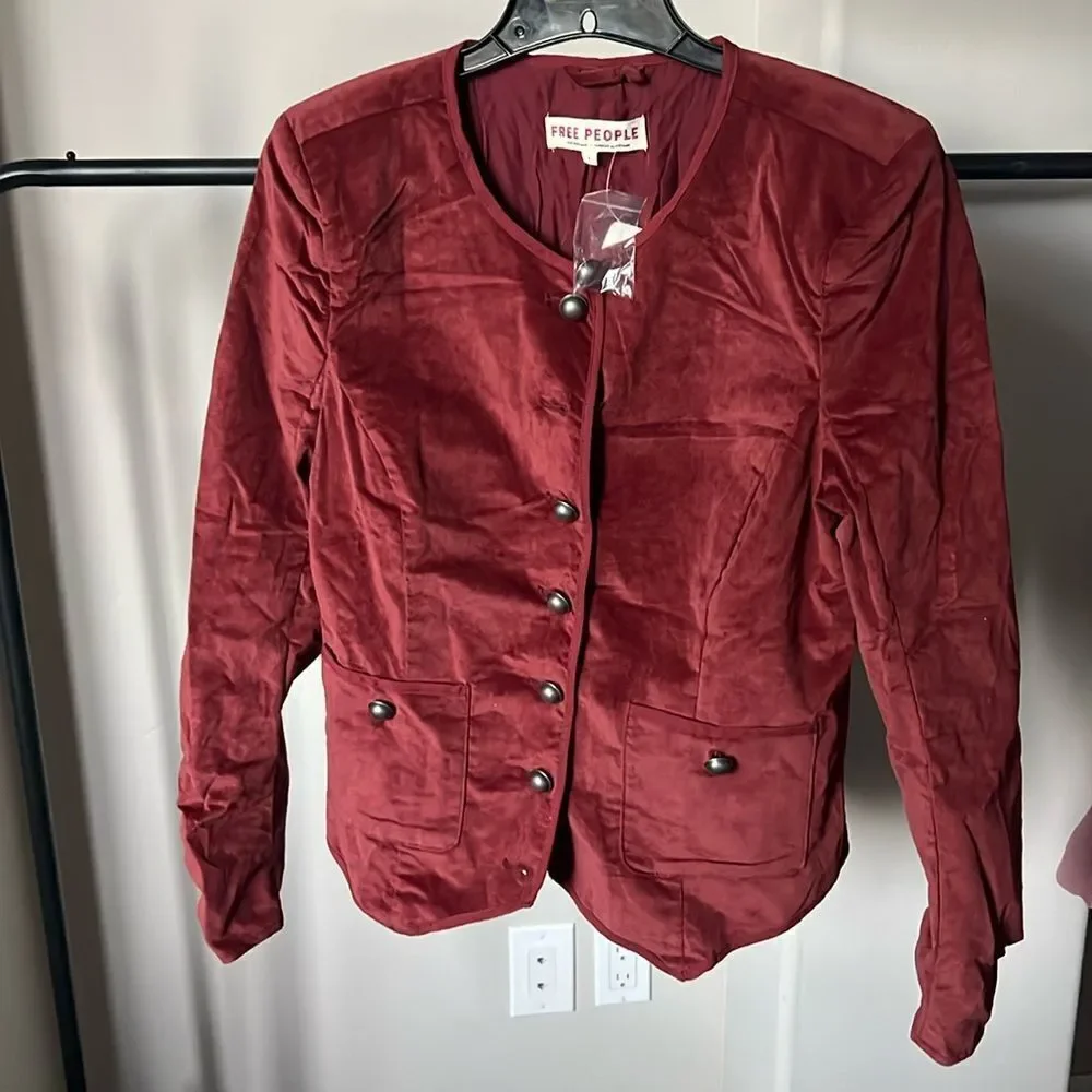 Free People Becky Stretch Velvet Jacket Red L